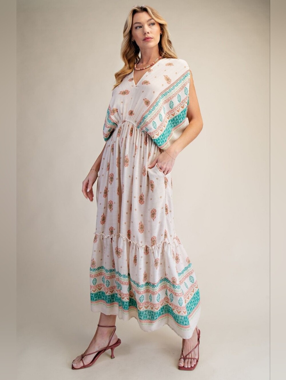 P3-0706 Boho V-Neck Tiered Maxi Dress in Cream with Teal Border